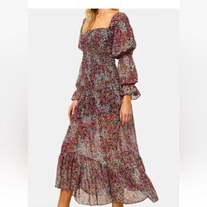 MISA Los Angeles Floral Smocked Maxi Dress Square Neck Long Puff Sleeve Multi